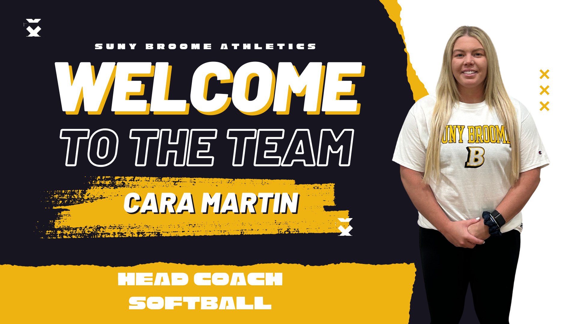 Graphic introducing the name and picture of the new softball head coach